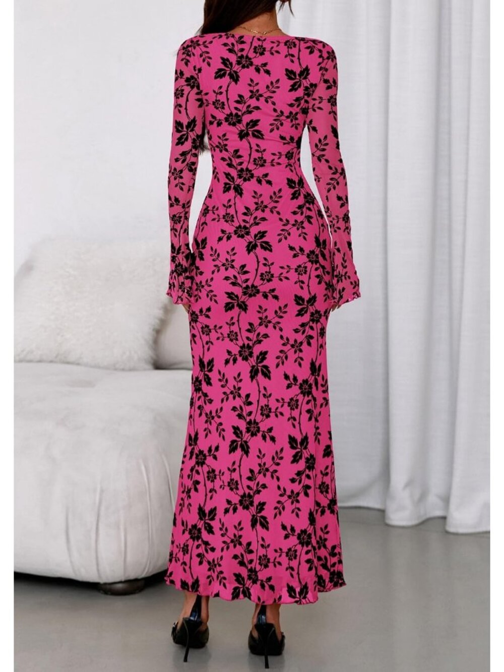 Women's Hot Pink Slim Fitted Boat Neck Long Sleeves Floral Bodycon Maxi Dresses - Picture 4 of 6